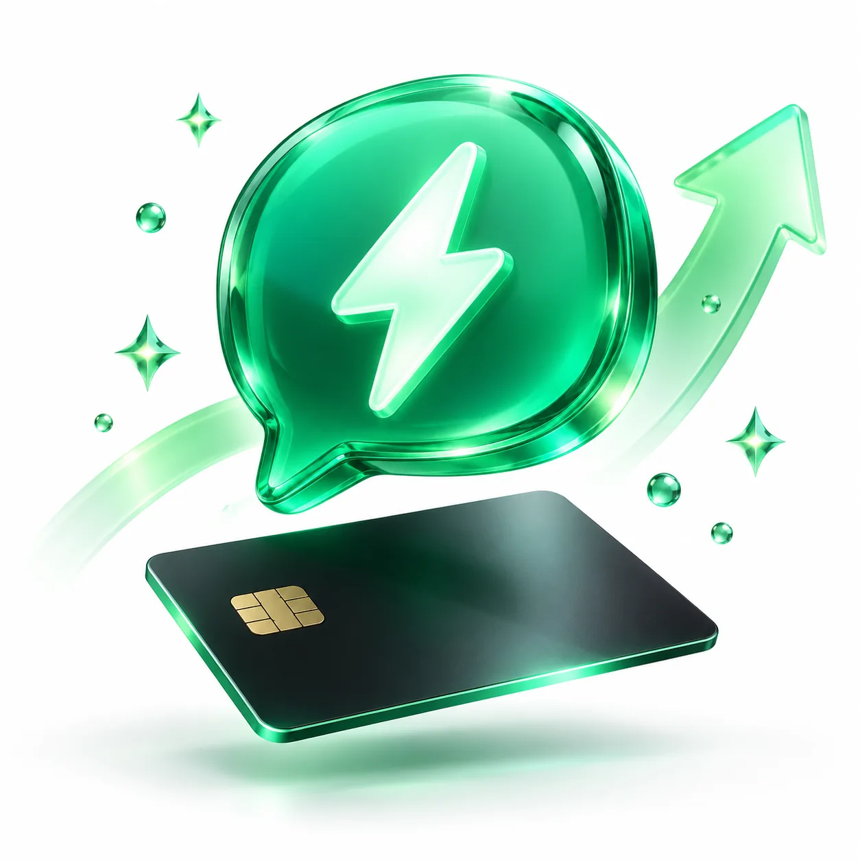 ChatGPT top-up illustration: emerald chat bubble with a lightning bolt above a payment card